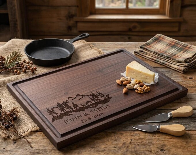 Personalized Walnut Charcuterie Board: Engraved Mountain Scene, Couple's Gift