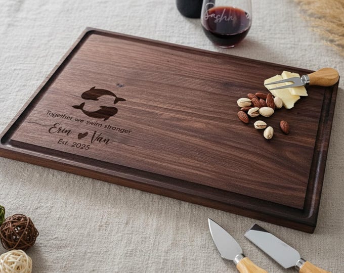 Personalized Cutting Board – Koi Fish: Custom Engraved Charcuterie Board, Prosperity, Good Fortune, Housewarming, Wedding, Engagement Gift