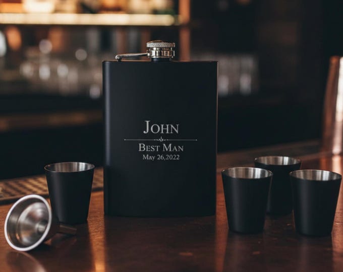 Personalized Flask Set - Custom Engraved 8 Oz Flask Set, Shots & Funnel: Groomsman, Best Man, Bachelor Party, and Wedding Gifts