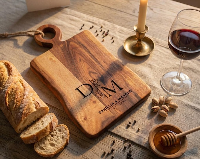 Personalized Monogram Live Edge Cutting Board, Custom Engraved Wood Serving Tray with Handle