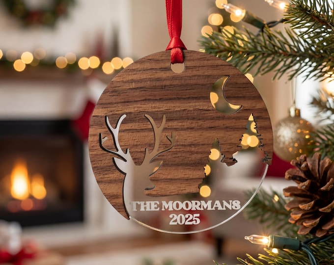 Personalized Family Name Walnut Christmas Ornament with Plexi Back