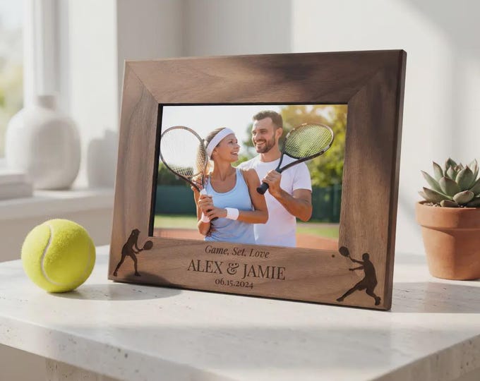 Personalized Tennis Picture Frame, Custom Engraved Wood Photo Holder, Gift for Tennis Partners