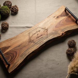 Personalized Live Edge Serving Tray- Custom Engraved Platter - Rustic Wood Monogrammed Tray - Wedding, Housewarming, Engagement, Couple Gift