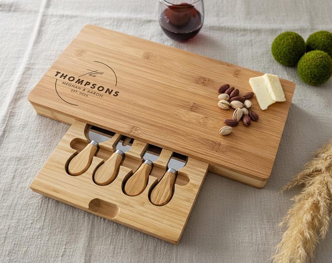 Personalized Charcuterie Board Set with Knives, Engraved Bamboo Meat and Cheese Platter for Entertaining