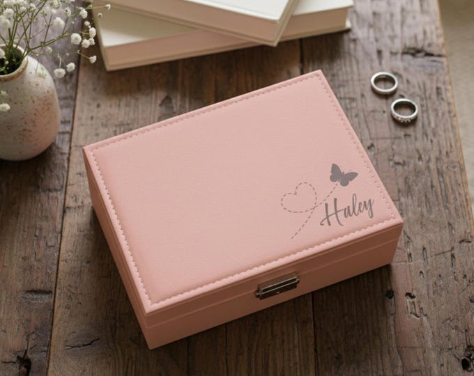 Personalized Faux Leather Jewelry Box: Butterfly, Custom Engraved Jewelry Organizer - Mother's Day, Daughter, Wife, Grandma, Christmas Gift