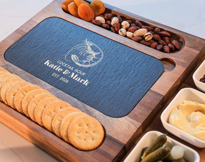 Personalized Charcuterie Set - Custom Engraved Cutting Board: Nautical kitchen decor, Shrimp, Seafood Lovers, Housewarming, Coastal Gift