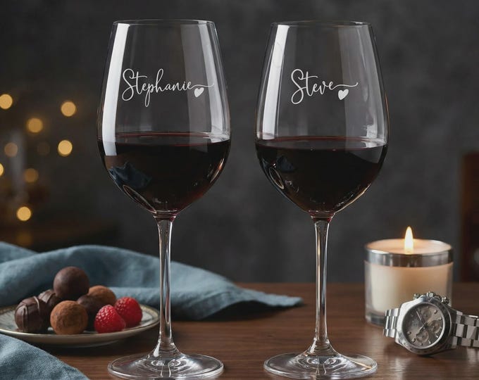 Personalized Heart Name Wine Glass Set - Custom Etched Wedding Stemware Toasting Keepsake