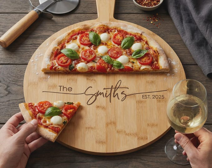 Personalized Pizza Board: Custom-Engraved Bamboo Pizza Peel | Housewarming, Wedding, Kitchen Decor, Hosting, Engagement, Couple Unique Gift