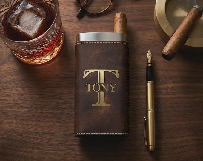 Personalized Vegan Leather Cigar Case with Cutter, Custom Engraved Groomsmen Gift for Him