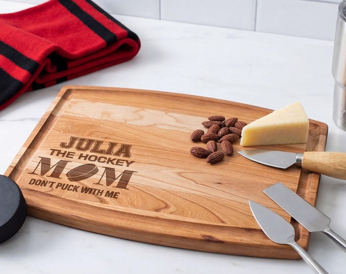 Personalized Hockey Mom Wood Cutting Board, Custom Engraved Arched Charcuterie Tray, Mother's Day Gift