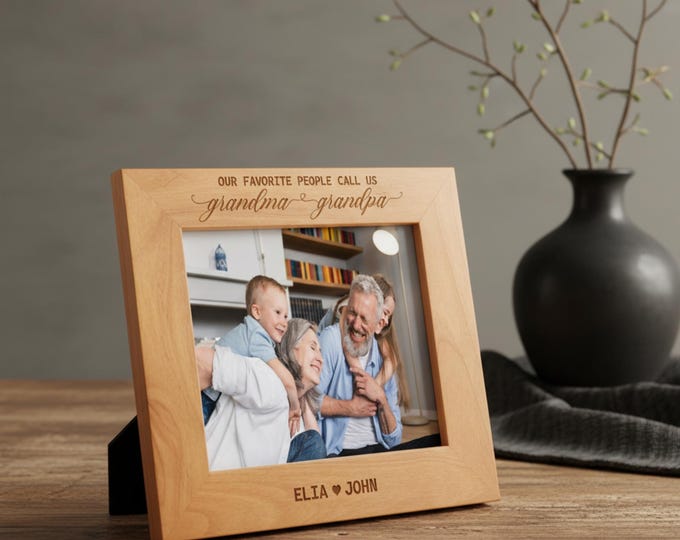 Personalized Wooden Picture Frame for Grandma and Grandpa, Custom Engraved Family Photo Gift