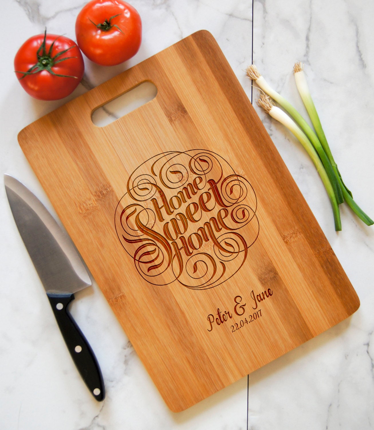 Personalized Cutting Board with handle, Engraved cutting board, Bamboo