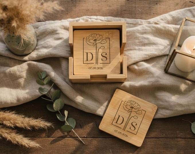 Personalized Bamboo Coasters with Holder - Custom Engraved 5-Piece Set: Monogram Gift for Couples, Housewarming, Wedding, Christmas
