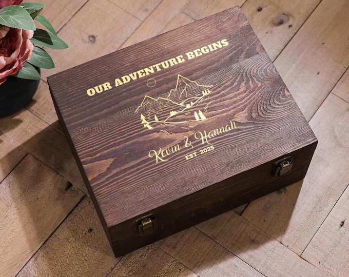 Personalized Wedding Keepsake Box, Engraved Wooden Anniversary Trinket Box: Customized Rustic Keepsake Box, Our Adventure Begins Gift Box