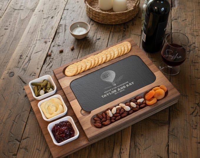 Personalized Charcuterie Board: Adventure Time - Engraved Cheese Board with tool, Hosting, Housewarming Gift for a Couple who Love Exploring