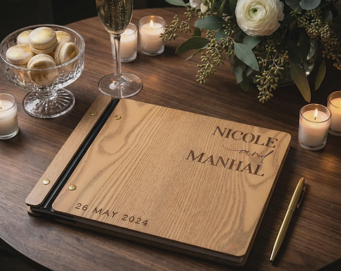 Personalized Wooden Wedding Guestbook – Custom Engraved Guest Book Album, Rustic Keepsake for Wedding & Anniversary