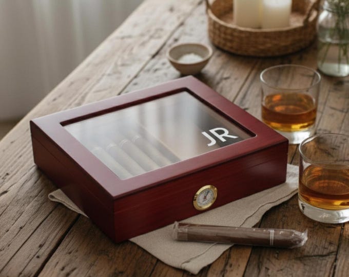 Personalized Cigar Humidor with Hygrometer, Cedar Lined Humidor, Wooden Laser Engraved Glass Top Cigar Box , Fathers Day, Christmas Gift
