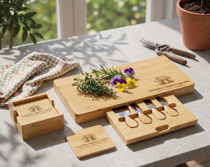 Grandma Garden Gift | Personalized Cutting Board & Custom Bamboo Charcuterie Set with Knives