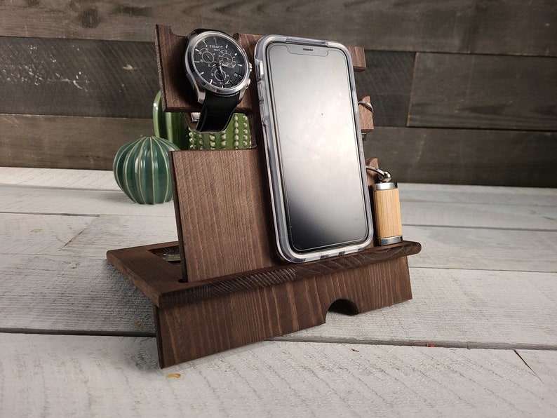 Personalize wood phone stand, Custom watch stand, Personalize wood organizer, Wood Docking Station, Gift for him, Organizer station image 2