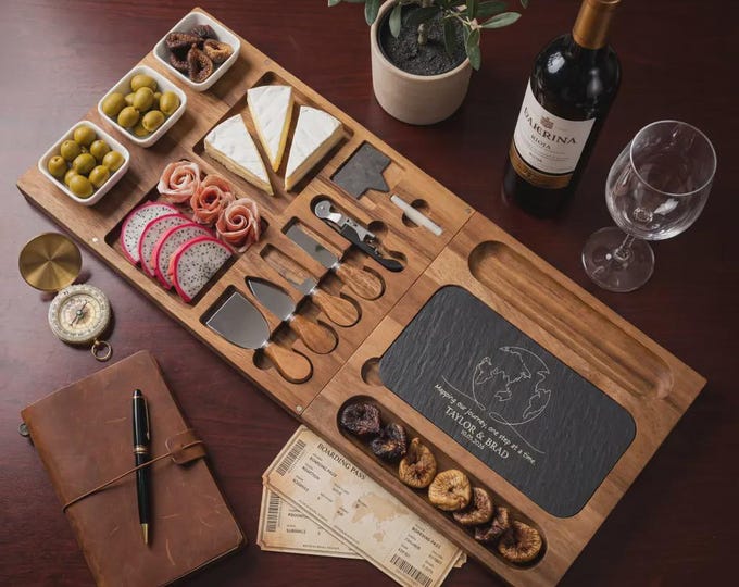 Personalized World Map Travel Charcuterie Board - Expandable Modular Acacia Serving Set