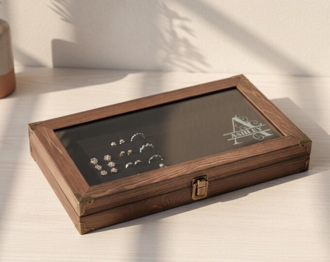 Personalized Wooden Jewelry Box: Engraved Glass Lid Organizer