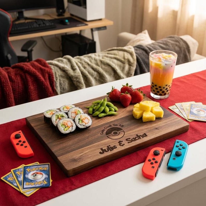 Personalized cutting board – Pokémon: Custom Engraved "Gotta Cook 'Em All!" in Pokémon Font with Couple Names & Date, Unique Gamer Gift zdjęcie 3