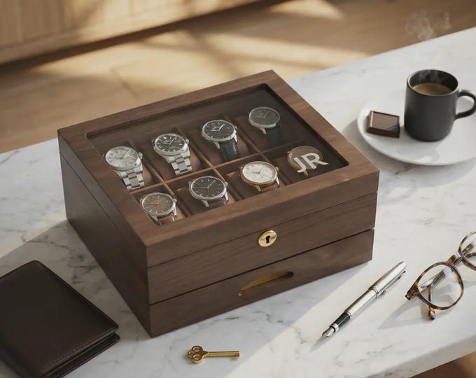 Personalized Watch Box for Men – Custom Engraved Walnut Watch Case with Drawer, 8-Watch Storage, Jewelry Organizer Gift