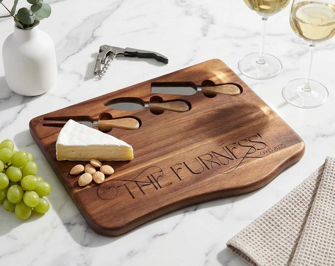 Personalized Acacia Charcuterie Board with Knife Set, Custom Engraved Wedding Gift for Couples