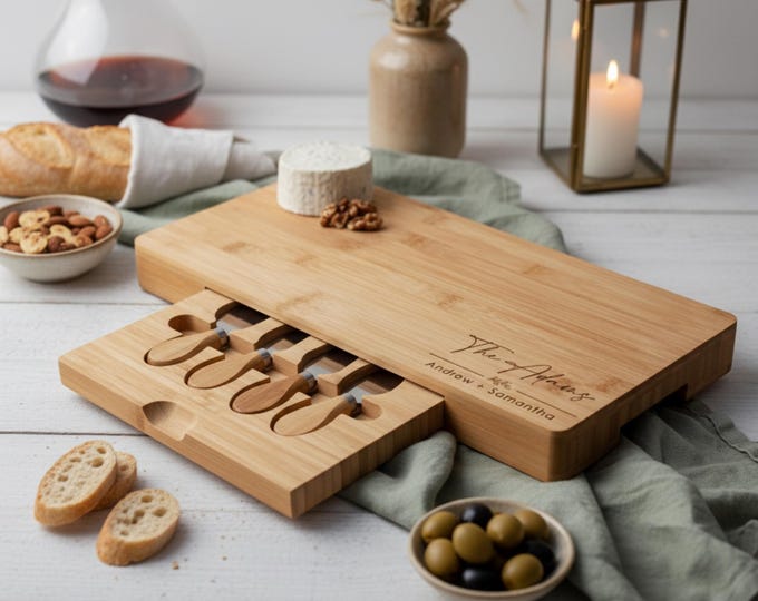 Personalized Bamboo Cheese Board Set with Drawer and Utensils - Custom Engraved Charcuterie Board - Wedding, Housewarming Gift