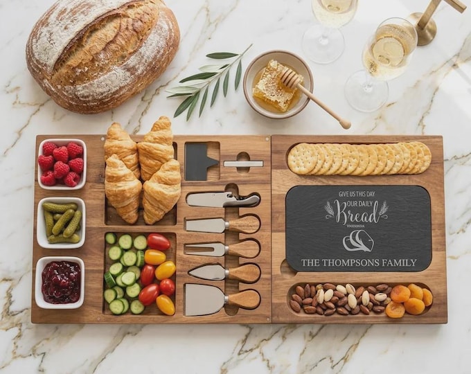 Personalized Acacia and Slate Charcuterie Board Set, Custom Bible Verse Wedding Gift
