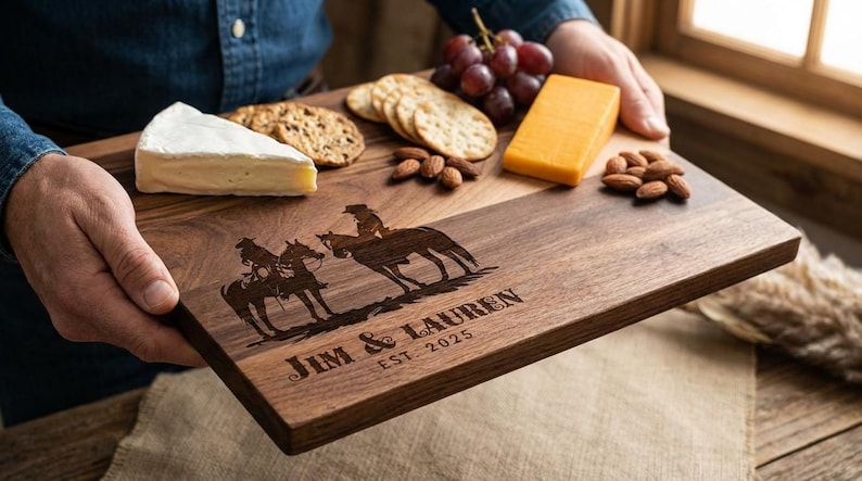 Planche à découper personnalisée - Cowboy et cow-girl avec cheval : charcuterie gravée personnalisée, décoration de cuisine occidentale, cadeau pour elle et lui image 6