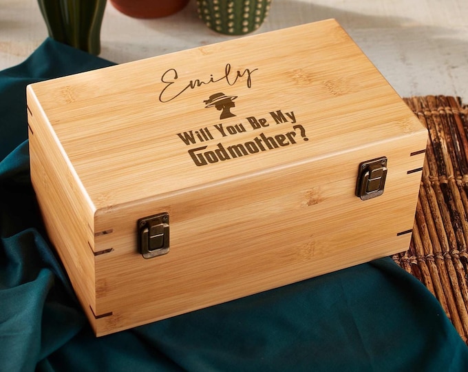 Personalized wooden gift box, Engraved Trinket Box, Godmother Proposal Box, Customized Rustic Keepsake Box, Godmother Gift Box, Gift for Her