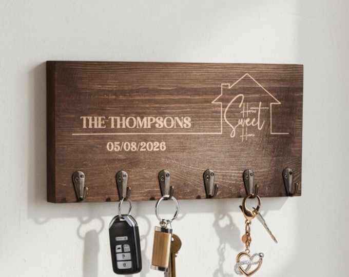 Personalized Key Hanger –Home Sweet Home: Custom Engraved Wall Key Holder for Rustic Home Decor, Realtor, Housewarming & Wedding Gift
