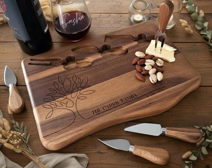 Personalized Charcuterie Board With Tools, Family Tree: Custom Engraved Cheese Board, Housewarming Gift, Christmas Gift, Family Gift