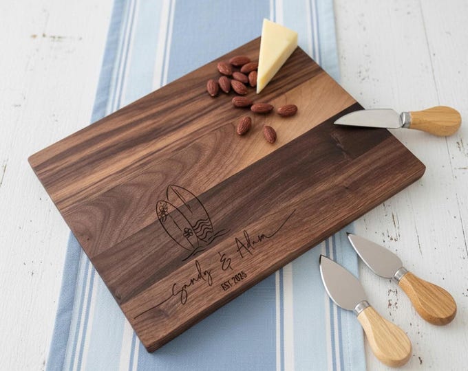 Personalized Cutting Board – Surfer Couple: Custom Cutting Board, Surfing Decor, Ocean, Beach Wedding, Surfboard, Housewarming Gift