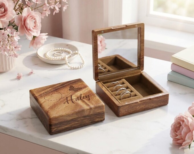 Personalized Travel Jewelry Box - Butterfly: Custom Engraved Wooden Jewelry Organizer, Gift for Bridesmaids, Grandmas, Mother’s Day