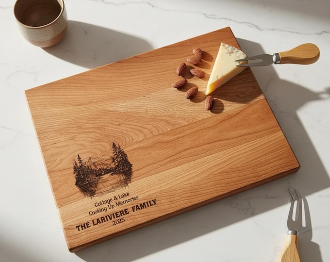 Personalized Cutting Board – Family Cottage & Lake: Custom Engraved Charcuterie Board, Sweet Gift for Nature-Loving Family, Outdoors Scenery