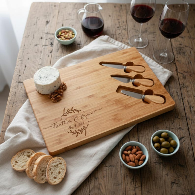 Personalized Bamboo Cheese Board Set, Custom Engraved Charcuterie Platter, Wedding gift image 8