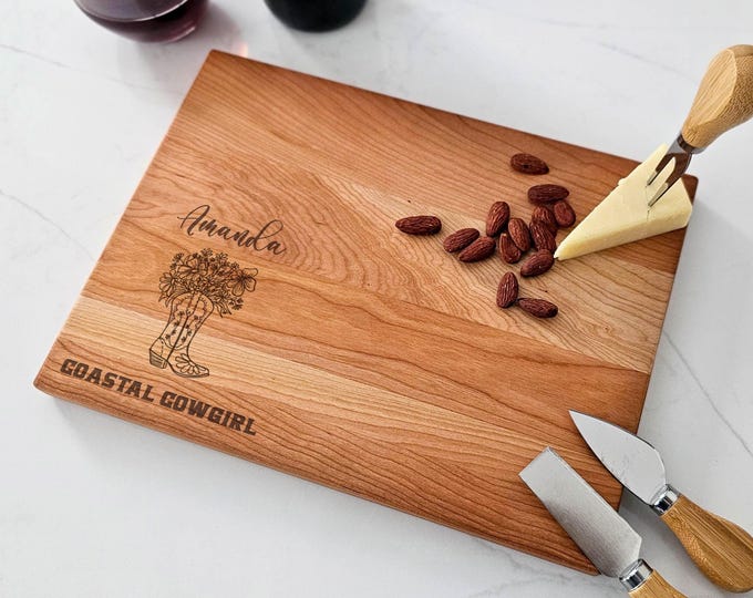 Personalized Charcuterie Board – Coastal Cowgirl: Custom Cutting Board, Cowgirl Boots, Wife, Mom, Daughter, Kitchen Decor, Birthday Gift