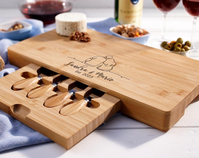 Personalized Charcuterie Board – Couple Line Art: Custom Engraved Cheese Board | Romantic Couples, Housewarming, Engagement, Wedding Gifts