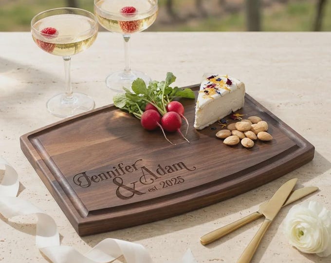 Personalized Walnut Cutting Board, Custom Engraved Wedding Gift for Couples, Arched Charcuterie Tray