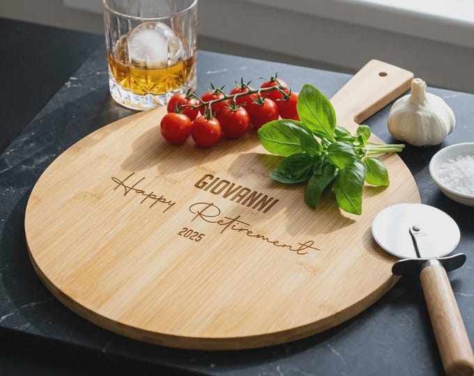 Personalized Bamboo Pizza Board, Custom Engraved Retirement Gift, Round Wood Serving Tray