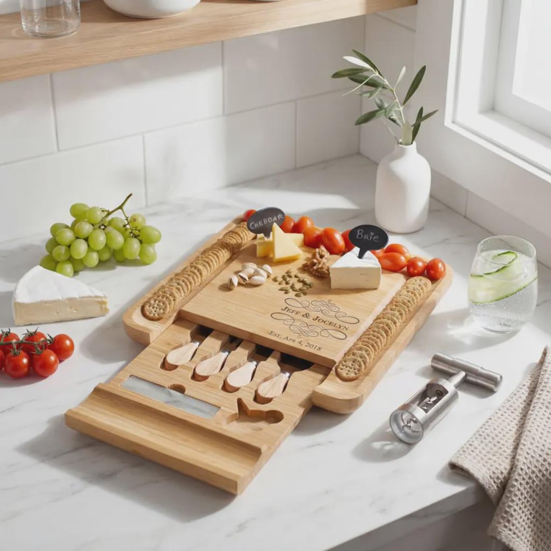 Personalized Bamboo Charcuterie Board - Engraved Cheese Serving Set ...