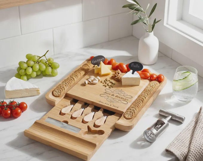 Personalized Bamboo Charcuterie Board - Engraved Cheese Serving Set with Hidden Tools