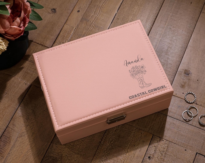 Personalized Faux Leather Jewelry Box: Coastal Cowgirl, Custom Engraved Jewelry Organizer - Bridesmaid, Daughter, Wife, Girlfriend Gift