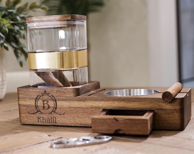 Personalized Cigar Ashtray and Humidor Set - Customized Ashtray, Smoking Accessories Gift for Father's Day, Anniversary, Birthday, Christmas