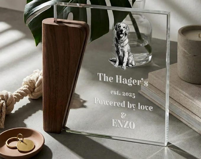 Personalized Pet Photo Glass Award, Custom Engraved Wood Plaque for Dog, Memorial Gift