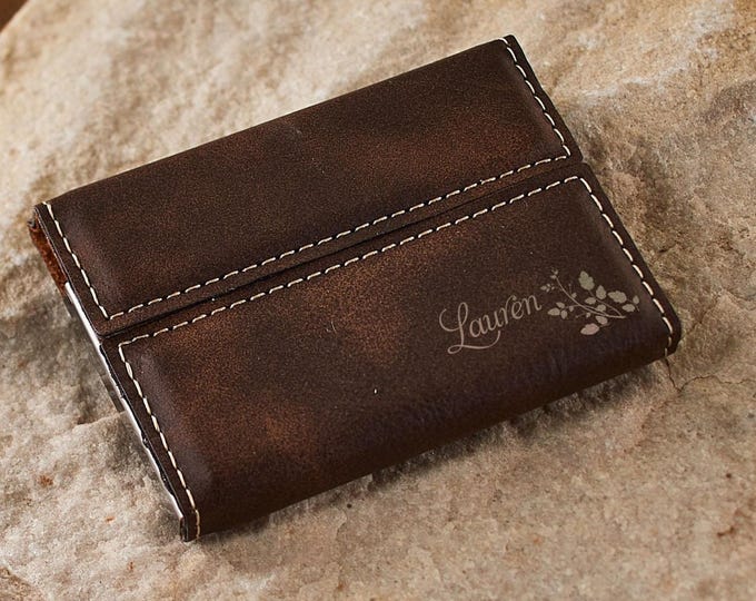 Personalized Business Cards Holder, Custom Engraved Faux Leather Gift Cards Case: Floral Design, Teacher, Colleague, Realtor, Corporate Gift