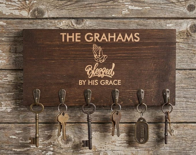 Christian Home Decor | Personalized Key Holder for Wall & "Blessed By His Grace" Housewarming Gift