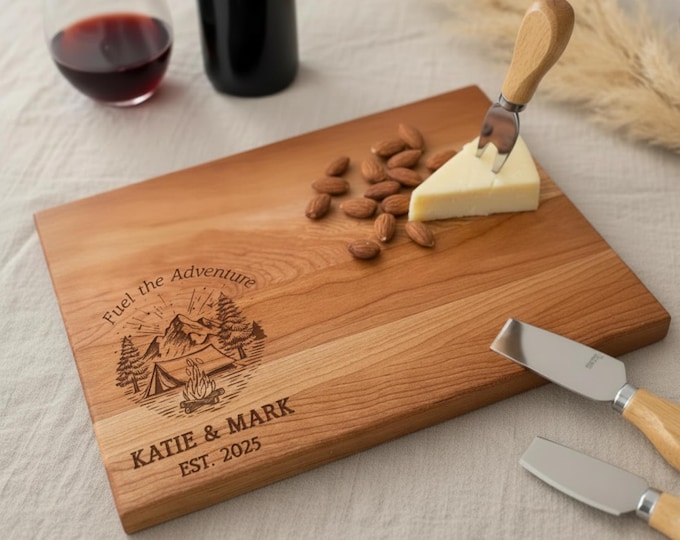 Personalized Cutting Board – Mountain Camping: Custom Engraved Charcuterie Board, Campfire, Camping Lovers, Housewarming, Wedding Gift